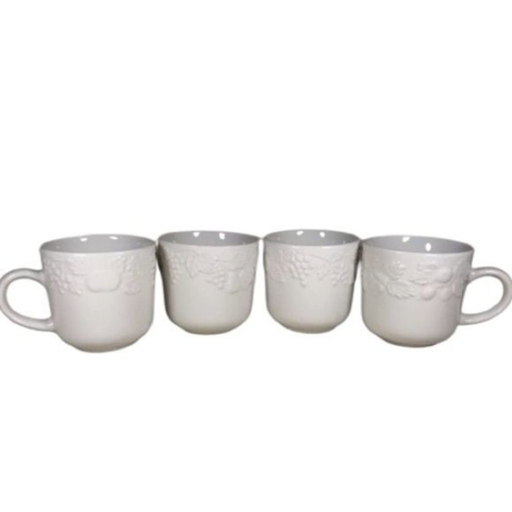 Set Of 4 White Embossed Fruit Pattern Ceramic Coffee Cups